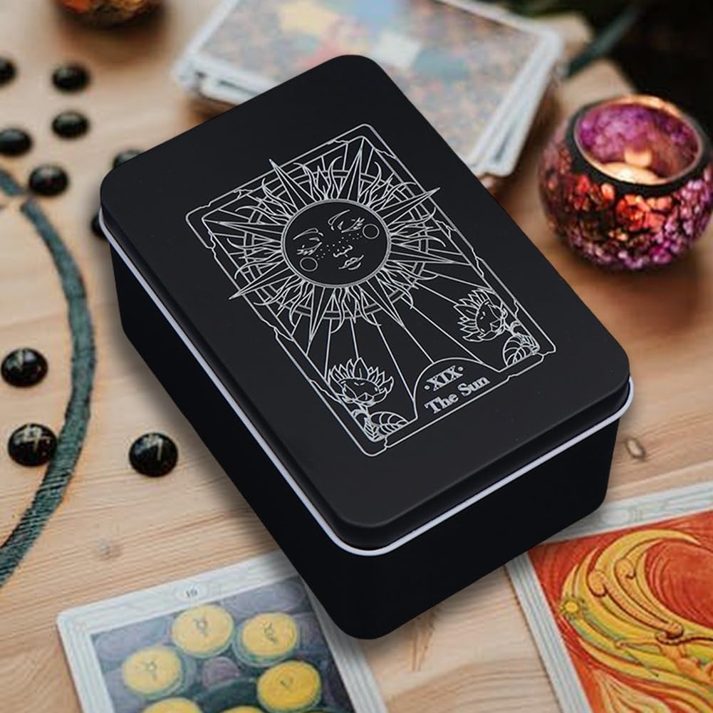 CREATCABIN Iron Tarot Cards Storage Box Tarot Card Holder Box Black Sun Metal Trinkets Case Tin Tarot Card Collection Boxes Deck Cases for Jewelry Fortune Telling Witchcraft Decor 3x5x2Inch