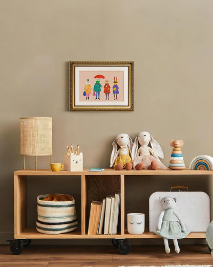 11x14 ARPEOTCY Framed Canvas Wall Art, Whimsical Animal Family Illustration, Storybook Style Wall Decor for Nursery