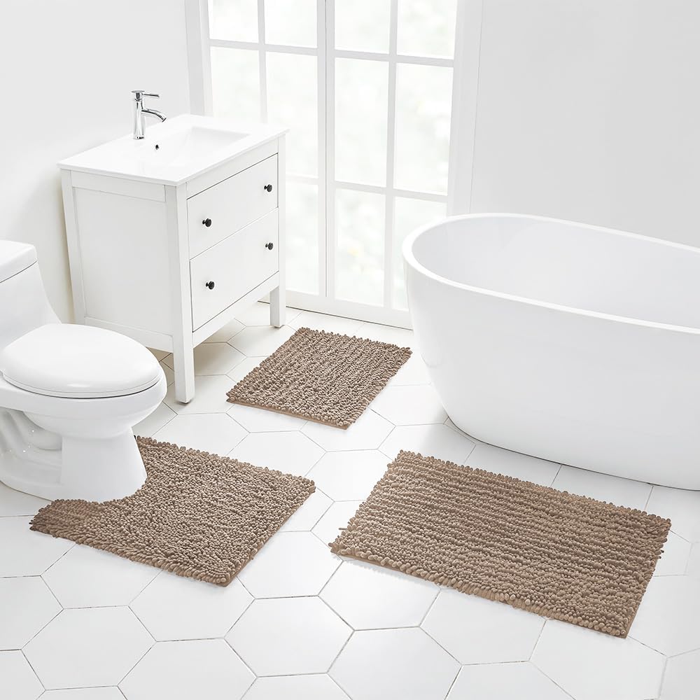 Walensee Non Slip Bathroom Rug (32x20 Inch, Taupe) - Water Absorbent, Soft Shaggy Chenille, Machine Washable Bath Mat