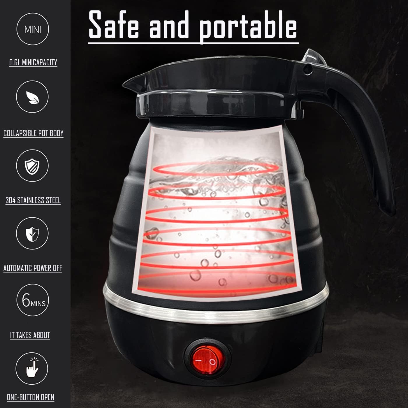 Foldable Electric Travel Kettle, Portable Silicone Collapsible Water Boiler and Tea Pot for Camping (Black)