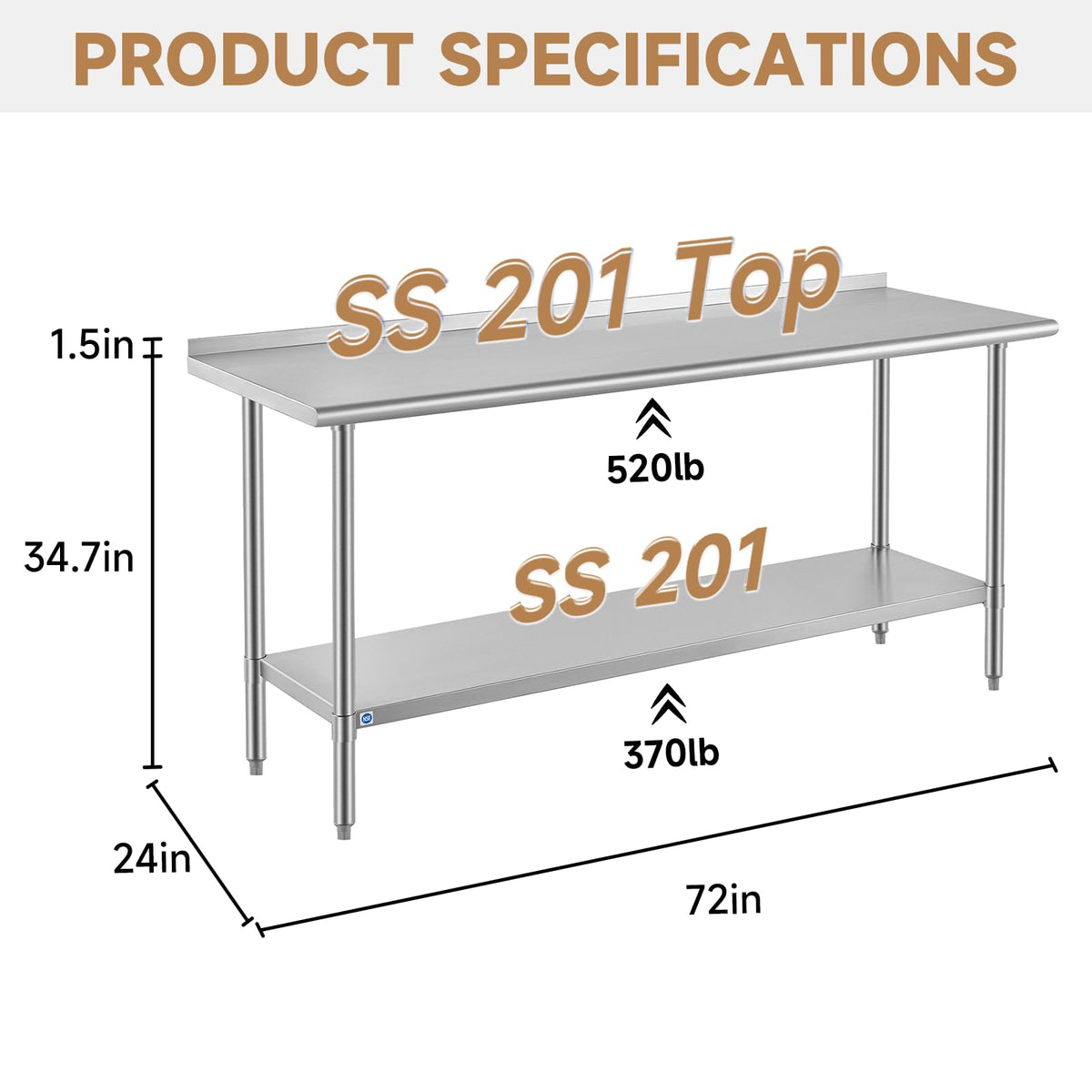 ROCKPOINT All Stainless Steel Perp Table with Backsplash 24x72 Inch, Commercial Heavy Duty Table with Stainless Legs & Adjustable Undershelf, 890 lb Capacity for Restaurant,Home and Outdoor Kitchens