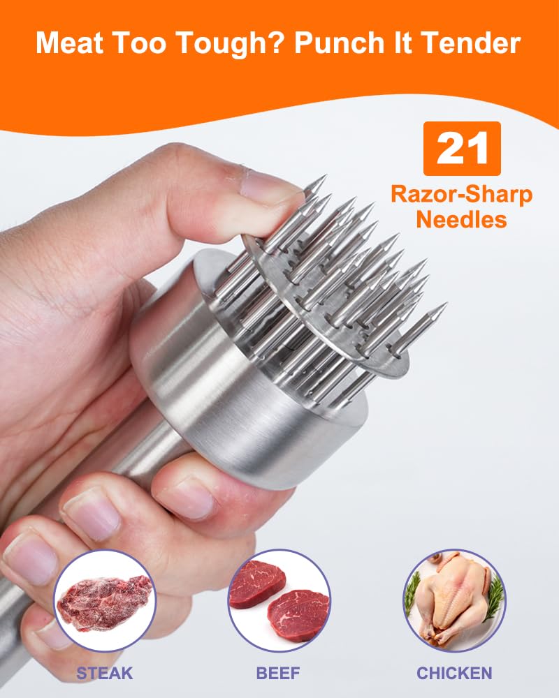 Brigii Meat Tenderizer Tool, 304 Stainless Steel, with 21 Needles & Retractable Safety Guard, for Tenderizing Beef, Turkey, Chicken, Steak, Dishwasher Safe