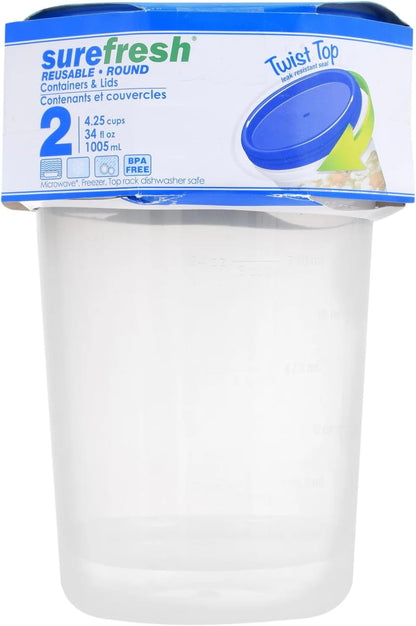 Sure Fresh 34-oz. Reusable Tall Plastic Containers with Lids, 2-ct. Packs, Clear, SFRT34-2PK-BLUE