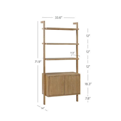 Nathan James Jasper 3-Shelf Solid Wood Boho Bookshelf, Wall Mounted Bookshelf with Cabinet with Fluted Doors, Light Brown, Set of 2