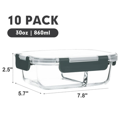 M MCIRCO 10-Pack,30 Oz Glass Meal Prep Containers 2 Compartments Airtight Lunch Bento Boxes with Lids, Glass Food Storage Containers, Microwave, Oven, Freezer and Dishwasher