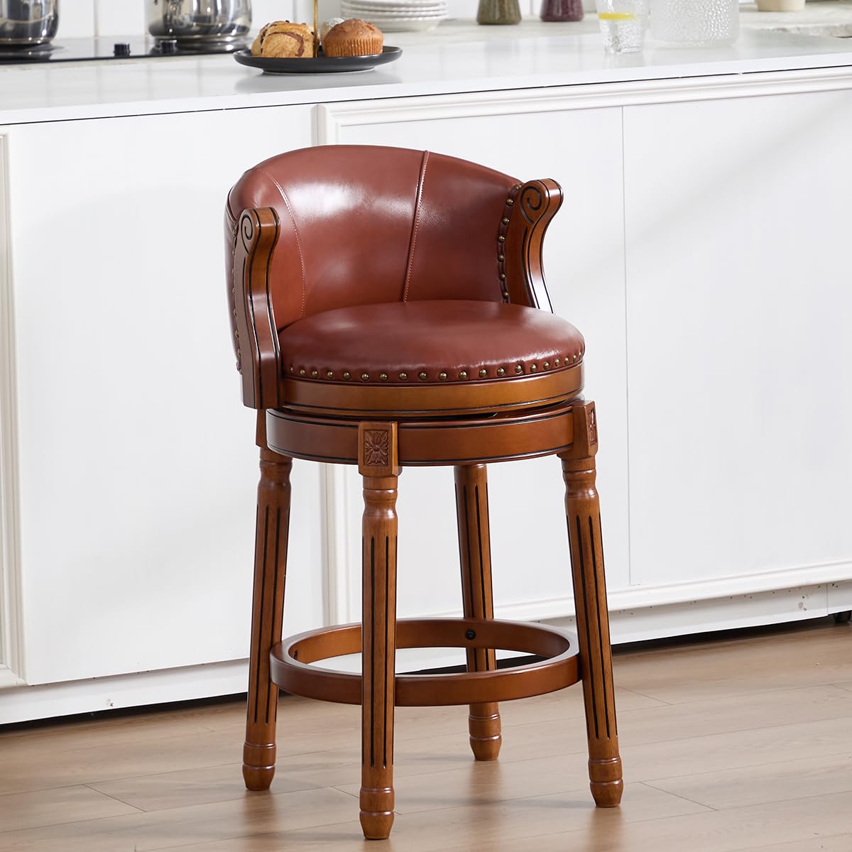 GDFStudio Cow Top Leather Wood Bar Stool with Backrest, 360 Degree Swivel Counter Height Bar Stool, Upholstered Solid Wood Rustic Farmhouse Bar Chair for Kitchen Island Home Bar Dining, New Brown 26"