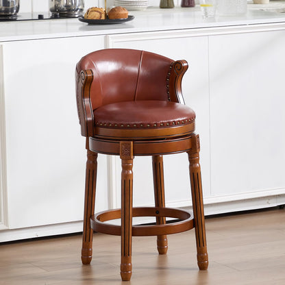 GDFStudio Cow Top Leather Wood Bar Stool with Backrest, 360 Degree Swivel Counter Height Bar Stool, Upholstered Solid Wood Rustic Farmhouse Bar Chair for Kitchen Island Home Bar Dining, New Brown 26"
