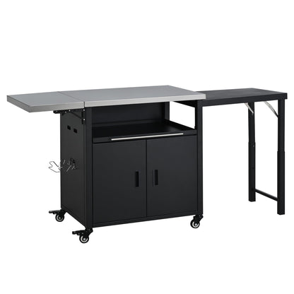 Outdoor Folding Kitchen Cart with Dual Stainless Steel Tops, Rolling Grill Prep Table with Cabinet Drawer and Trash Rack, Portable BBQ Serving Cart with Lockable Wheels for Patio Backyard, Black