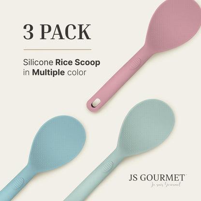 JS Gourmet 3 Pcs Colorful Silicone Rice Paddle, Heat Resistant Non-Stick Rice Spoon Spatula with Comfortable Handle for Cooking and Serving Mashed Potatoes, Scrambled Eggs, Sticky Bread Pudding