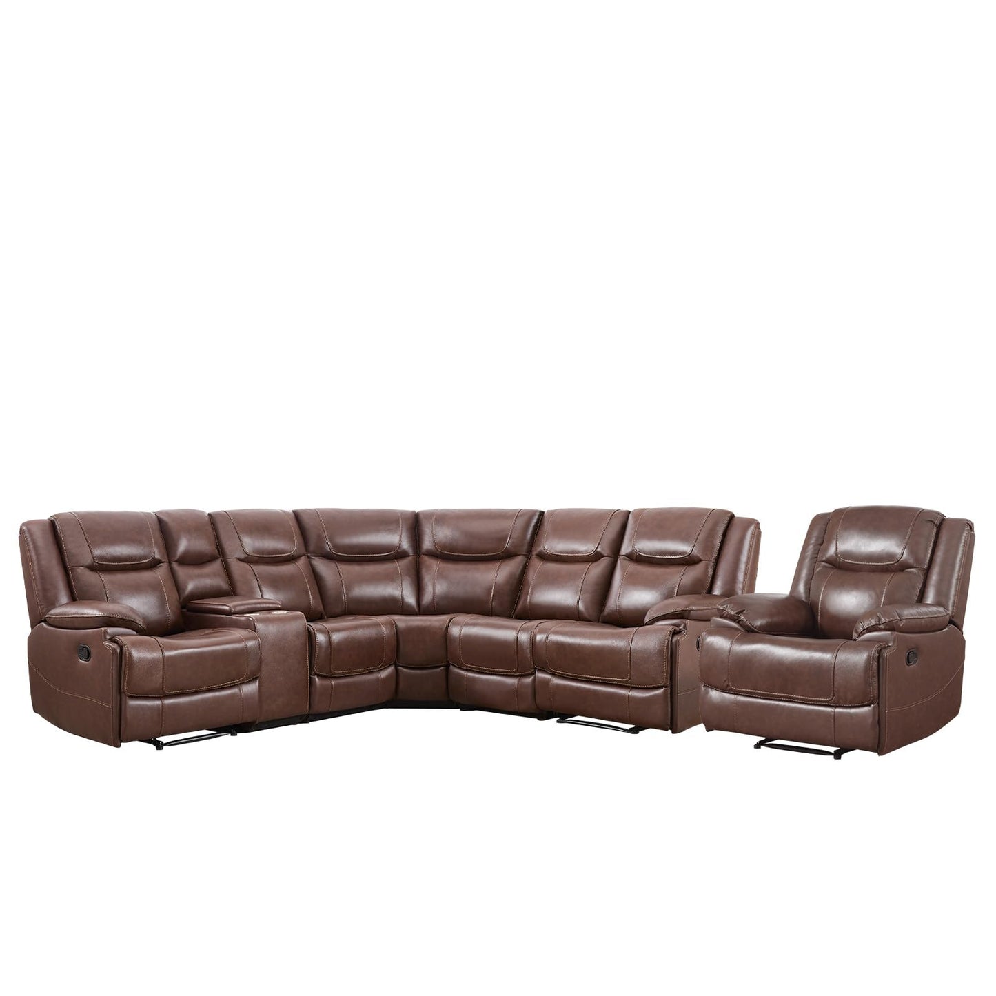 EBELLO Genuine Leather Recliner Sectional Sofa Set, Manual Reclining Corner Couches with Storage Console and Hidden Cup Holders, Extra Wide Footrest for House/Living Room, Brown