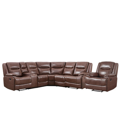 EBELLO Genuine Leather Recliner Sectional Sofa Set, Manual Reclining Corner Couches with Storage Console and Hidden Cup Holders, Extra Wide Footrest for House/Living Room, Brown