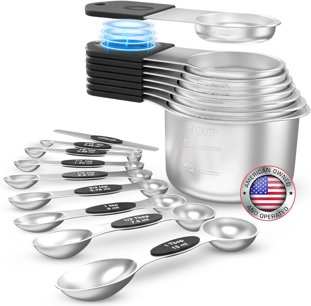 Magnetic Measuring Cups and Spoons Set of 16 - Stackable Stainless Steel Magnetic Measuring Spoons Set with Leveler - Dual Marking Scale Measuring Cup for Dry and Liquid Ingredients (Black)