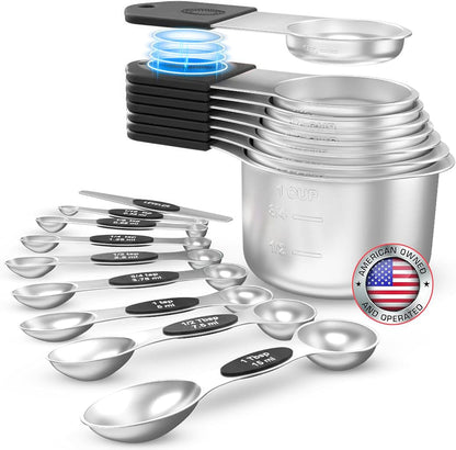 Magnetic Measuring Cups and Spoons Set of 16 - Stackable Stainless Steel Magnetic Measuring Spoons Set with Leveler - Dual Marking Scale Measuring Cup for Dry and Liquid Ingredients (Black)