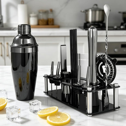 14-Piece Cocktail Shaker Set Bartender Kit with Black Stand, Bar Tool Set for Drink Mixing Bartending Kit Bar Sets Accessories: 750ml(25oz) Shaker, Jigger, Muddler, Cocktail Recipes (Black)