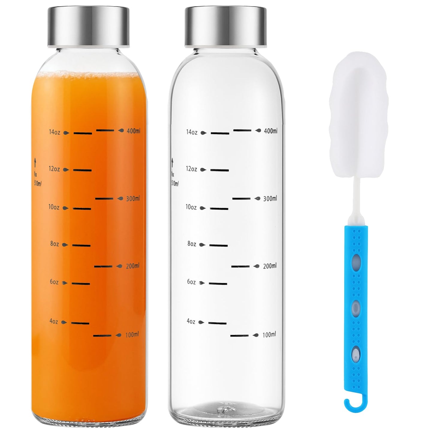 weasland Glass Juice Bottles with Lids Set of 2, 17 oz Reusable Glass Water Bottles with Stainless Steel Caps, BPA Free,Leak Proof,Dishwasher Safe,for Refrigerator, Juicing, Iced Coffee, Cold Brew