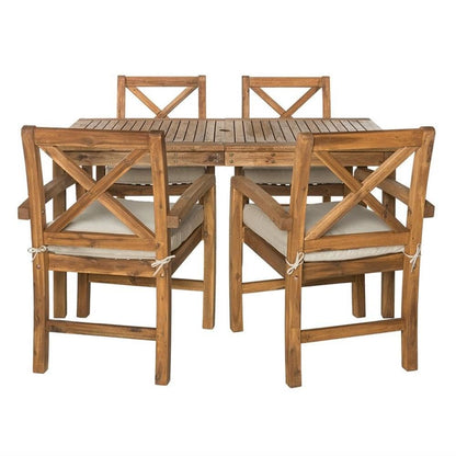 Walker Edison Delray Classic 5 Piece Acacia Wood Outdoor Dining Table and X-Back Chair Set with Cushions, Set of 5, Brown