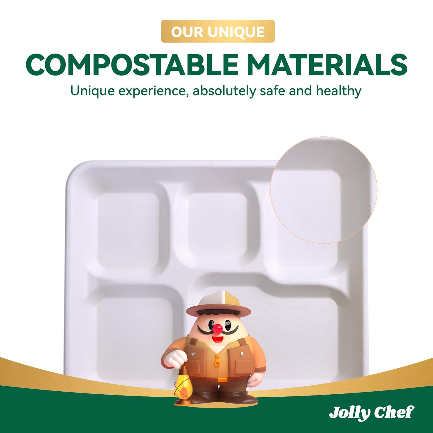 JOLLY CHEF Compostable 𝟱 Compartment Paper Plates 10*8.25*1 𝗶𝗻𝗰𝗵 [𝟭𝟮𝟱 𝗣𝗮𝗰𝗸] Small Heavy Duty Divided Disposable White Eco-Friendly Biodegradable Food Tray for School Lunch Dinner Christmas