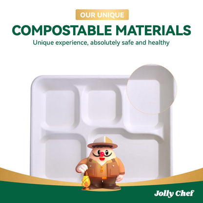 JOLLY CHEF Compostable 𝟱 Compartment Paper Plates 10*8.25*1 𝗶𝗻𝗰𝗵 [𝟭𝟮𝟱 𝗣𝗮𝗰𝗸] Small Heavy Duty Divided Disposable White Eco-Friendly Biodegradable Food Tray for School Lunch Dinner Christmas