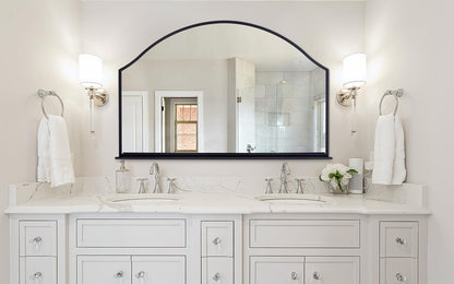 Chende 47''x32'' Large Wall Mirrors for Decor, Black Bathroom Mirror with Removable Shelf, Elegant Scallopd Mirror with Arched Frame for Entryway, Living Room, Mantel, Bedroom