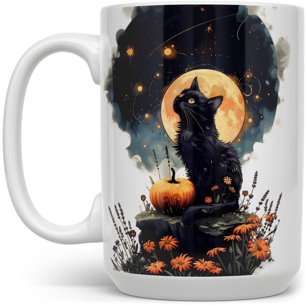Mystical Black Cat Full Moon Coffee Mug, Witchy Halloween Cup, Spooky Autumn Season Aesthetic (15oz)