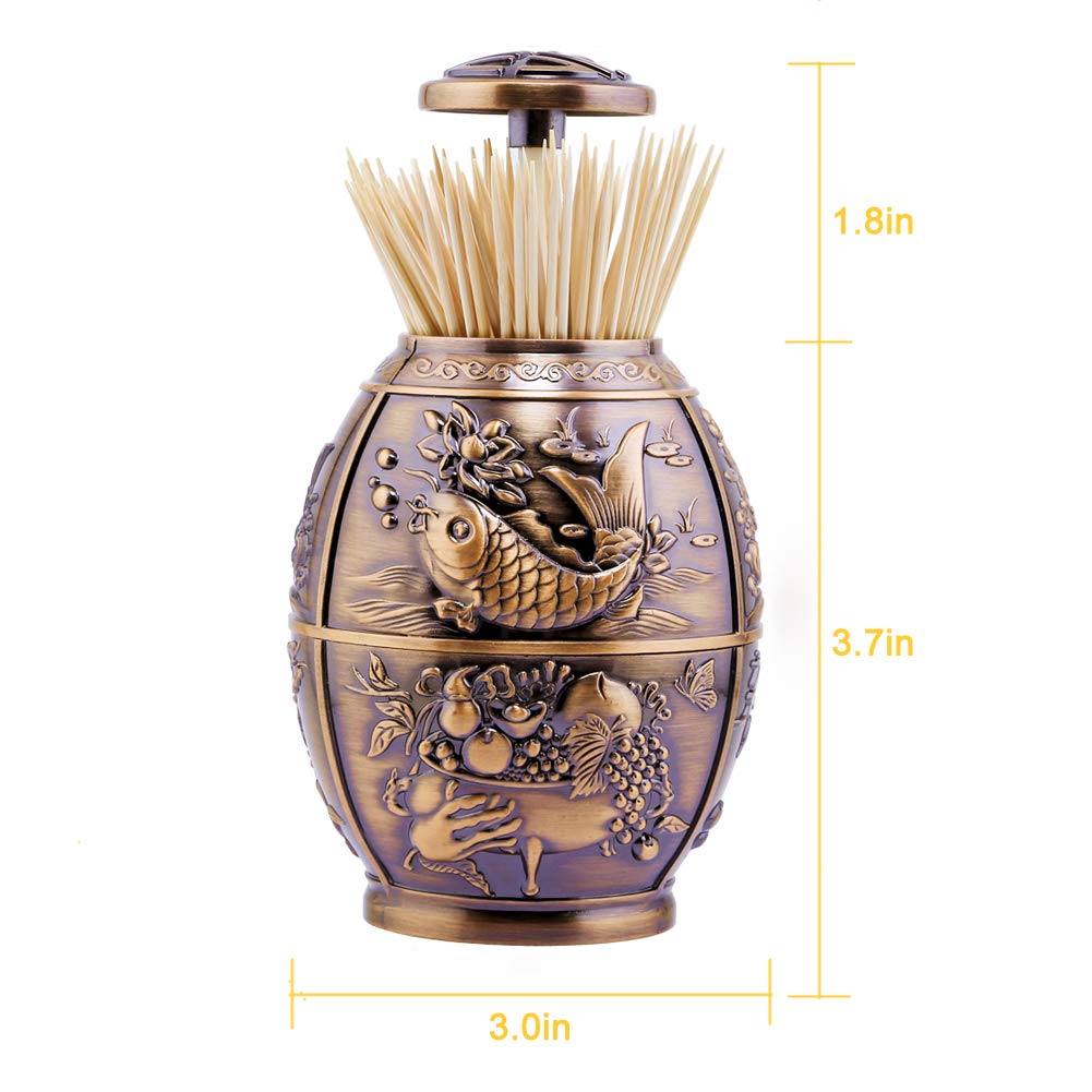 ANGROC Push Style Retro Metal Automatic Toothpick Holder, House Warming Gifts, Retractable Toothpicks Case Can Box Organizer Storage Container, for Home Restaurant Café Club Bar Hotel ( Red Bronze )