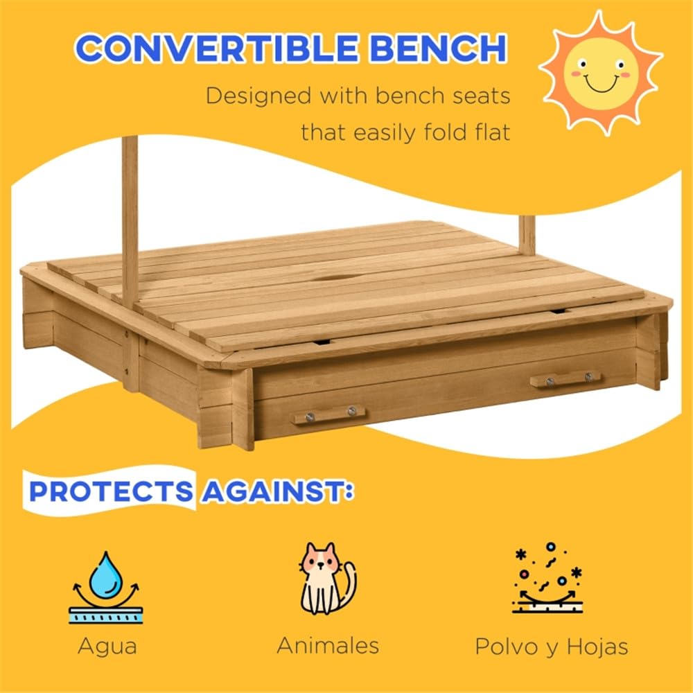 CARLIÉ Kids Wooden Sandbox with Cover for Backyard Garden,Sand Box with Adjustable Canopy,Kids Outdoor Play Equipment Sand Protection Bottom Liner