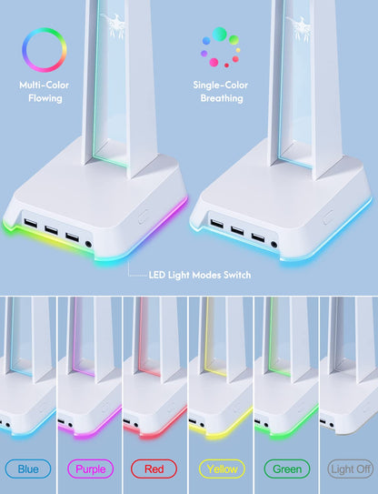 PHNIXGAM RGB Headphone Stand with 3.5mm AUX and 3 Port USB 2.0 Hub, Universal Gaming Headset Hanger Holder for Computer Gaming Gamer Accessories (White)