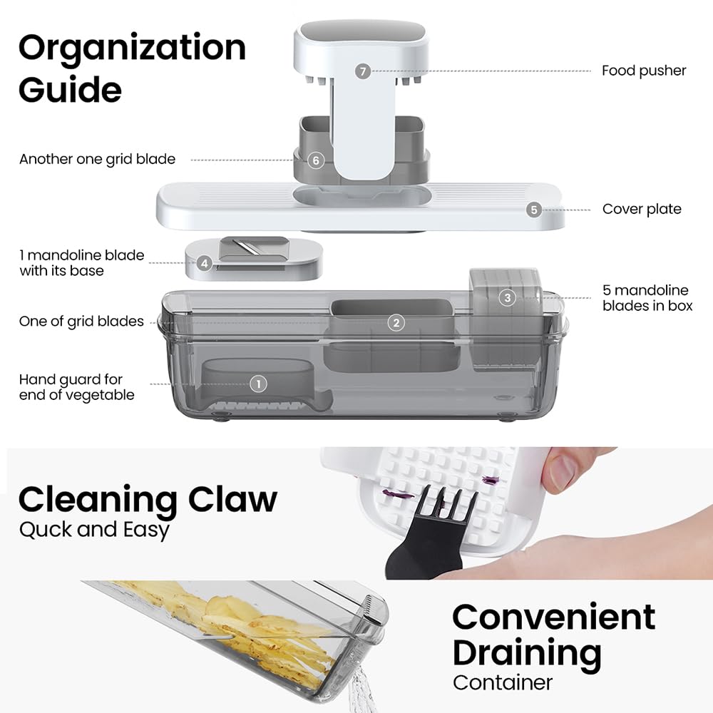 Vegetable Chopper Mandoline Slicer 8-in-1 with Container, 8 Blades for Onion, Veggie & Fruit, Easy Food Slicer Dicer Cutter, Kitchen Gadgets & Essentials