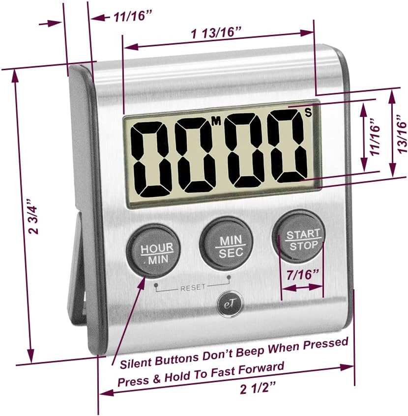Elegant eTradewinds Digital Kitchen Timer, Stainless Steel Model eT-78, Displays 0-99 Min. or 0-99 Hr., Auto Shut Off