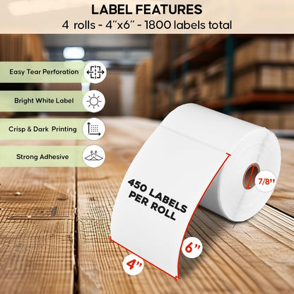 4 Rolls of SL450 4x6 Shipping Label (450 Pages per roll) Support Arkscan Label Printers, Compatible w/Zebra LP2844, Zp-450, Zp-500, Zp-505 and Other Brands, It's Designed for Direct Thermal, White.