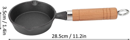 Fdit 10CM Casting Iron Frying Pan, Wood Handle Egg Skillet, Mini Flat Bottomed Pancake Pan