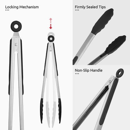 600ºF Heat Resistant Kitchen Tongs: U-Taste 12 inch Large Silicone Cooking Tong with Sturdy Non Stick Rubber Tips & Silicon Coated 18/8 Stainless Steel Handle & Smooth Locking for Serving Grill(Black)