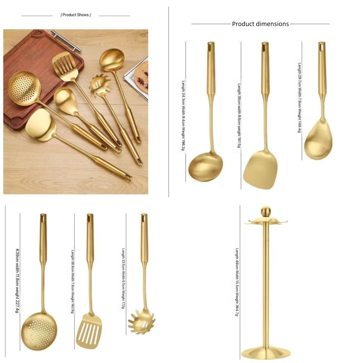 Premium 7-Piece Gold Kitchen Utensil Set with Stand, Stainless Steel Cooking Tools- Dishwasher Safe Ladle, Spoon, Spatula, Pasta Fork, Luxury Brass Kitchen Accessories for Home Chefs (Gold)