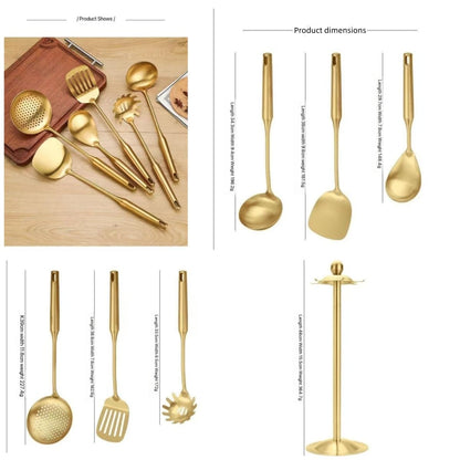 Premium 7-Piece Gold Kitchen Utensil Set with Stand, Stainless Steel Cooking Tools- Dishwasher Safe Ladle, Spoon, Spatula, Pasta Fork, Luxury Brass Kitchen Accessories for Home Chefs (Gold)