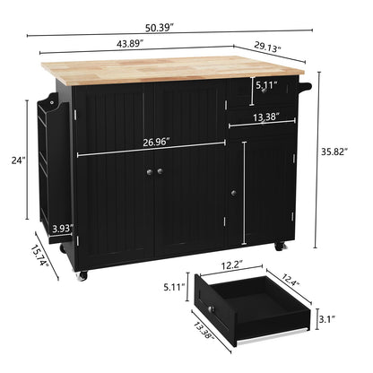 HLR Kitchen Island with Storage, Black Rolling Kitchen Island on Wheels with Drop-Leaf Bar Countertop, Island Table for Kitchen with Side Open Spice Rack and Tower Rack, Extra Storage for Kitchen
