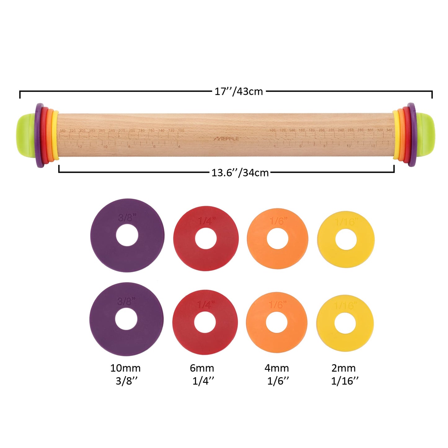 Mepple Rolling Pin with Thickness Rings for Baking,Fondant, Pizza, Pie Crust, Cookie, Pastry, Roller Rod for Dough Thickness, 13.6" Adjustable Wooden Rolling Pin with 4 Thickness Rings