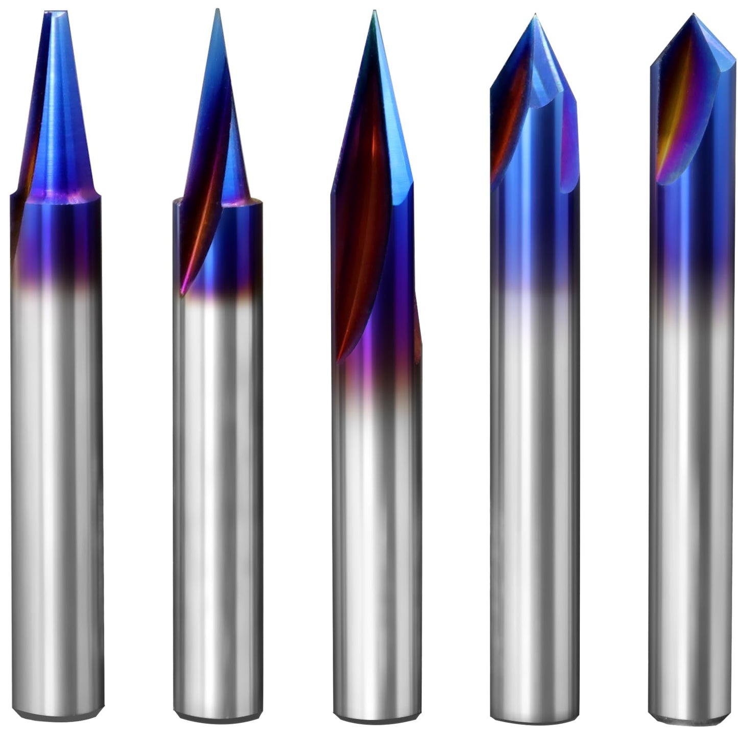 Eyryfui 5 Piece Engraving CNC Wood Carving Router Bit with Nano Blue Coated Tungsten Soild Carbide 15° 20° 30° 60° 90° V Groove Endmill Bit Profile Router Bits for Sign Making