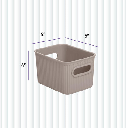 Superio Ribbed Collection - Small Taupe Decorative Plastic Storage Bins | 1.5 Liter Organizer for Home