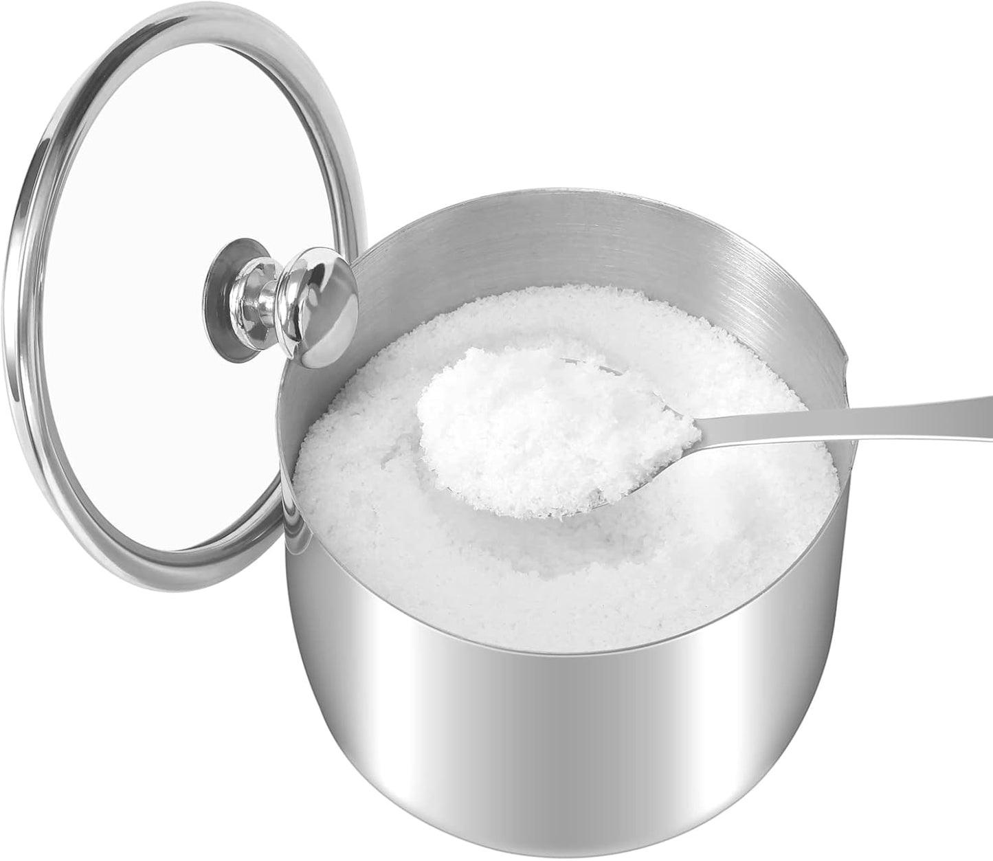 Stainless Steel Sugar Bowl with Clear Lid and Spoon, Polished Shiny Condiment Pot for Serving Sugar, Pepper, Salt,