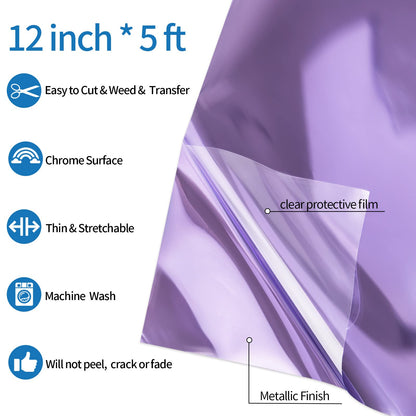 VINYL FROG Light Purple Metallic Foil Heat Transfer Vinyl Roll 12" x5ft Light Purple Iron on Vinyl Chrome HTV Vinyl Easy to Cut & Weed DIY Heat Press Design for T-Shirts
