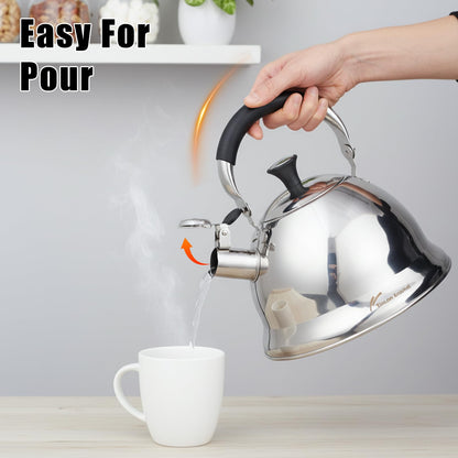 Tinlon Enamel Stainless Steel Whistling Tea Kettle Stovetop - 3.1QT Tea Top Mirror Finish, 304 Stainless Interior, Foldable Handle, Fast Heating for Tea, Coffee & Gifts
