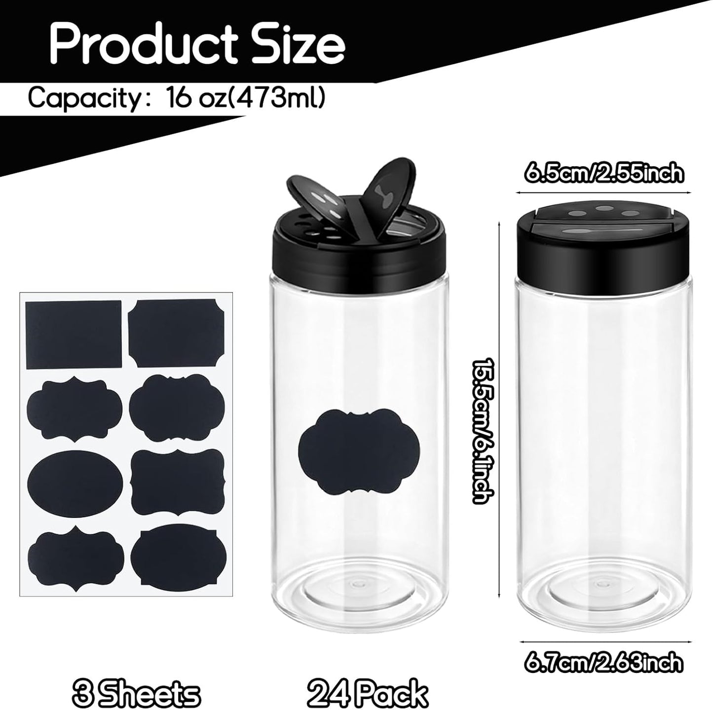 24 Pack 16 Oz Plastic Spice Jars Bottles Empty Seasoning Bottles Containers Small Clear Spice Shaker and Stickers