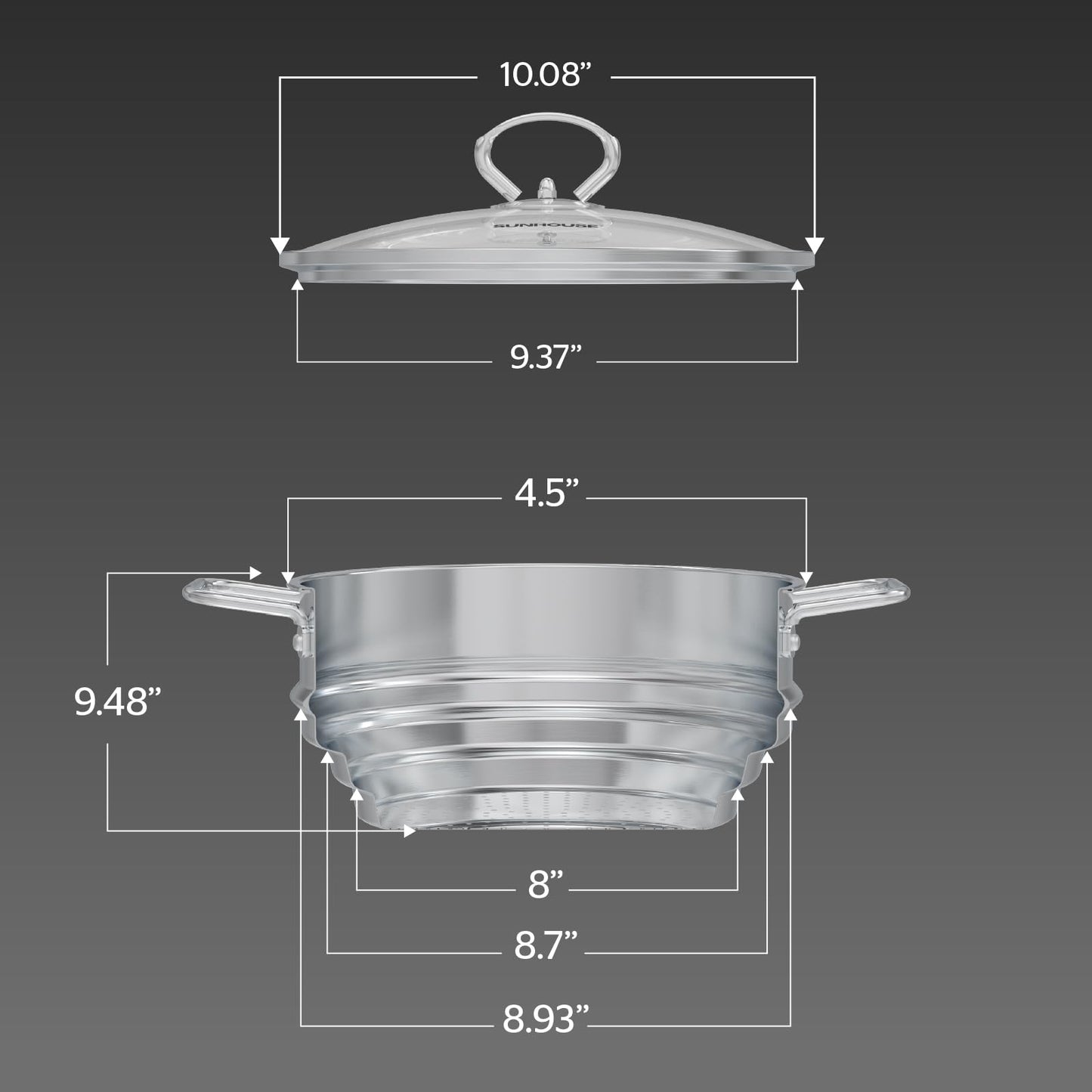 SUNHOUSE 5 Quart Stainless Steel Steamer Insert – Multi-Purpose Soup & Food Steamer with Stay-Cool Handles & Heavy-Duty Glass Lid – Fits Various Pot Sizes (8", 8.5", 9.5")