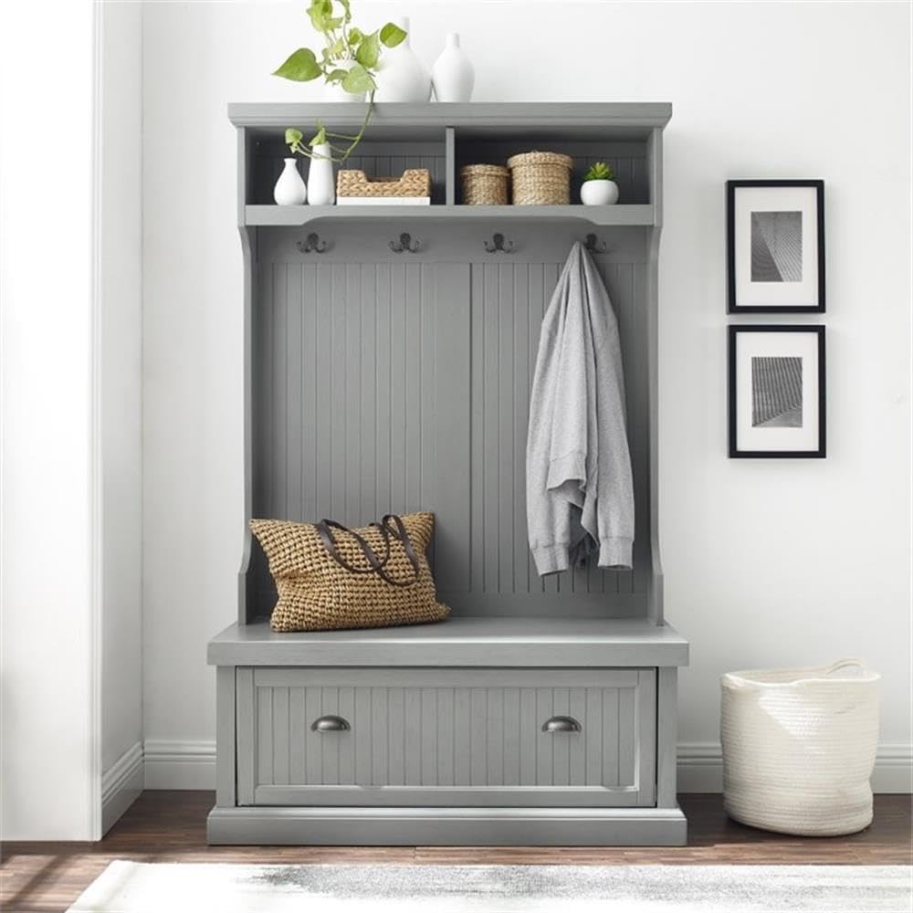 Pemberly Row Coastal Wood Hall Tree, Distressed Gray and Chrome Finish, 64.5" H x 40" W x 18.5" D, Entryway Bench with Coat Rack, Storage Cubbies, Beadboard Accents for Mudroom or Foyer