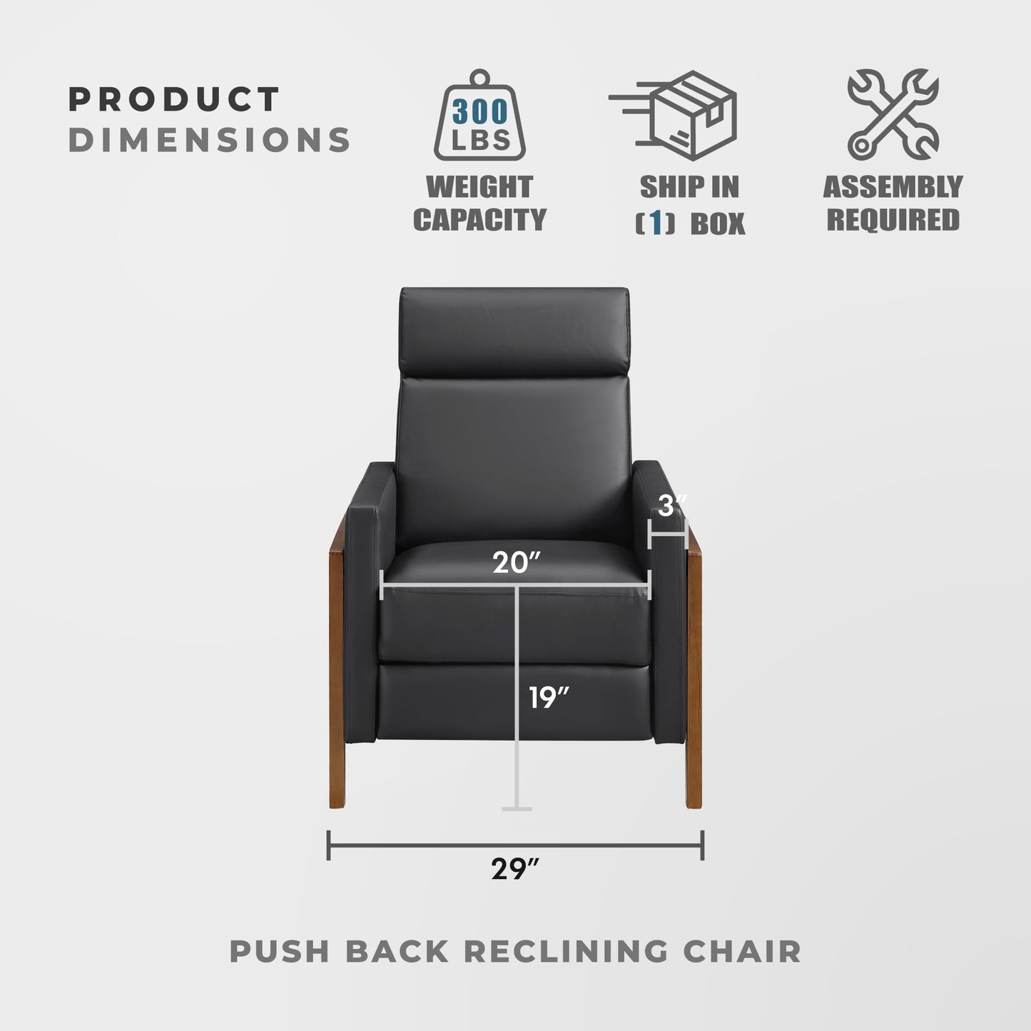 Lexicon Push Back Recliner Chair, Faux Leather Upholstered Reclining Chair with Footrest, Exposed Dark Brown Finish Wood Frame, Small Recliner for Small Space, Living Room, Bedroom, Black