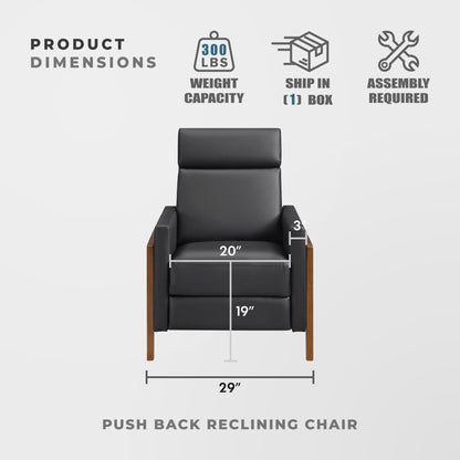 Lexicon Push Back Recliner Chair, Faux Leather Upholstered Reclining Chair with Footrest, Exposed Dark Brown Finish Wood Frame, Small Recliner for Small Space, Living Room, Bedroom, Black