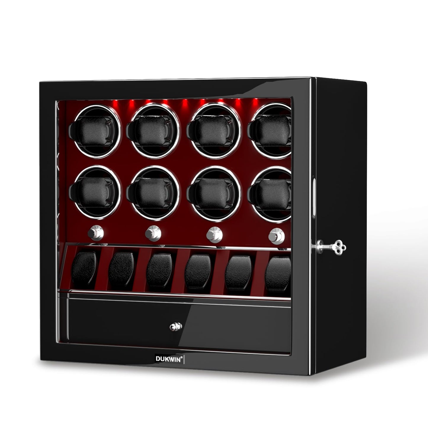 DUKWIN Watch Winder, Lockable Watch Winders for 8 Automatic Watches with Extra 6 Watch Storage, Jewelry Storage, 4 Rotation Modes, LED Light, Super Quiet Mabuchi Motor and Spring Watch Pillows, Red
