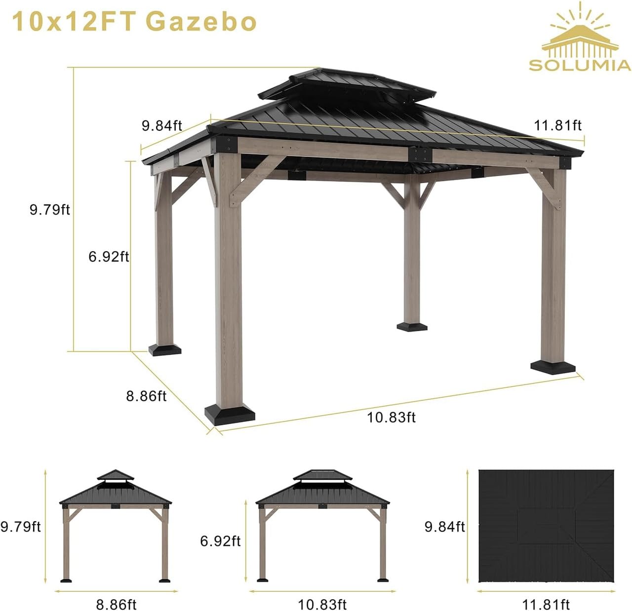 10'x12' Wood Gazebo with String Lights 50ft, Outdoor Hardtop Cedar Double Roof Permanent Pavilion with Galvanized Steel for Patio, Backyard and Garden, Weather-Resistant and Spacious.