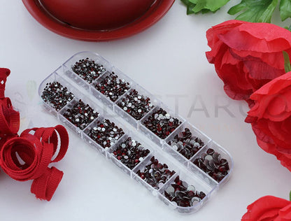 Over 2100 Pieces Red Ruby Garnet Flat Back Glass Rhinestones Crystals for Nail Art Kit 6 Sizes (1.4mm - 4.8mm)