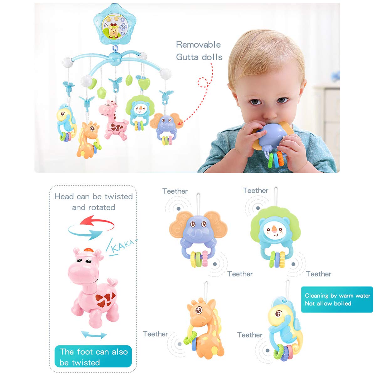 caterbee Baby Crib Mobile for Pack and Play, Crib Toys with Light and Musicial, Remote,Projector for Ages 0+ Months (Pink-Forest)